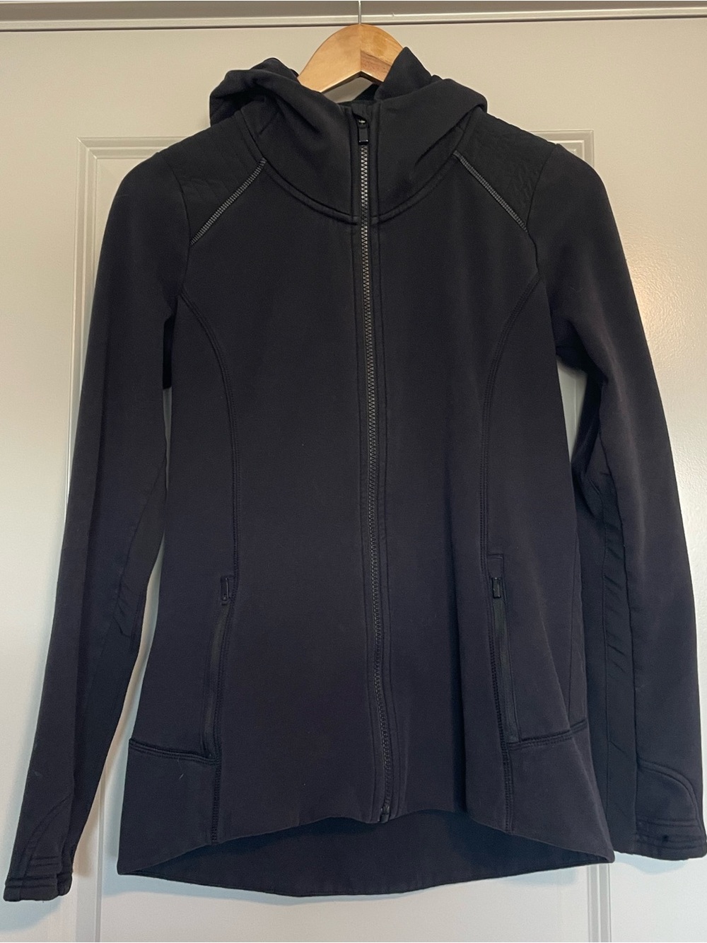 Athleta Black Hooded Full-Zip Sweatshirt with Shoulder Detail
